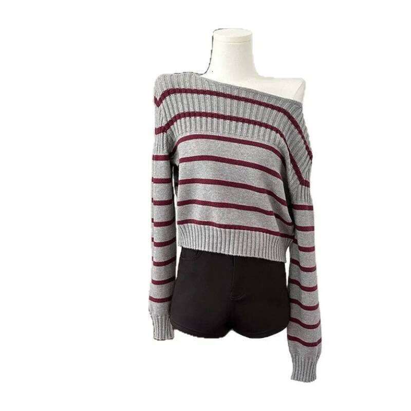 Korean Red Stripe Pullover Sweater Women Autumn Winter New Style Fashion High Grade Sense Knit Off Shoulder Top Z260313