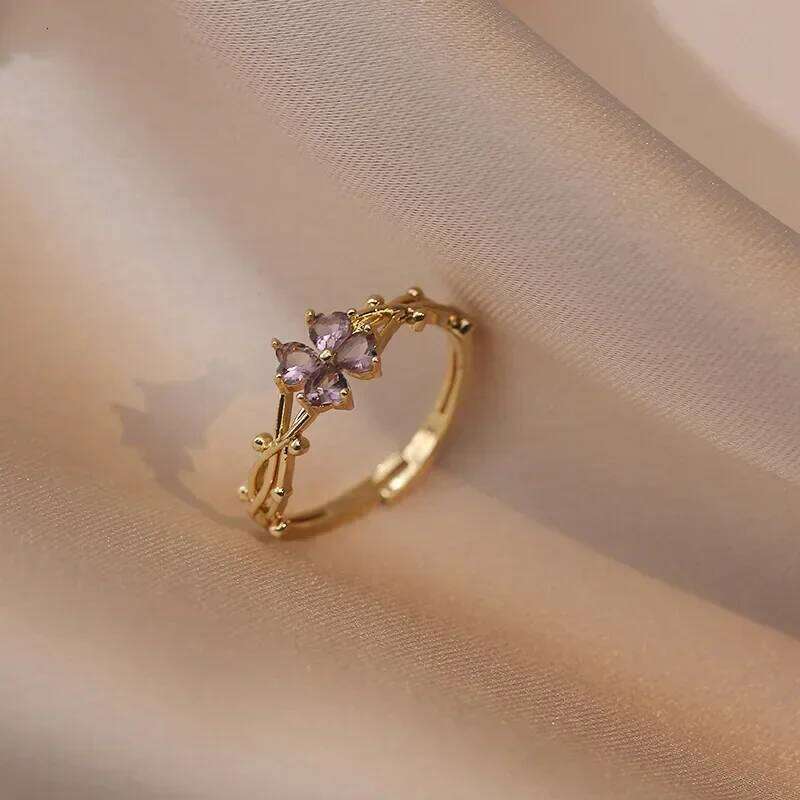 Cute Romantic Purple Four Leaf Zircon Flower Adjustable Rings for Women Gold Color Stainless Steel Jewelry Gift Anillos De Mujer H260312