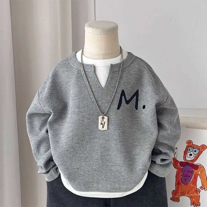 Clothing Sets (waffle weave) faux two-piece printed loose top for boys in spring and autumn