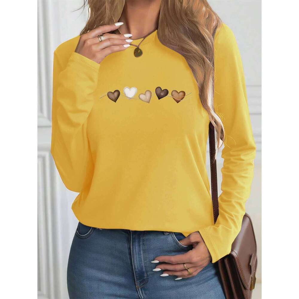 Women's autumn and winter 100% pure cotton fashionable casual heart-shaped printed round neck long sleeved T-shirt top Z260314