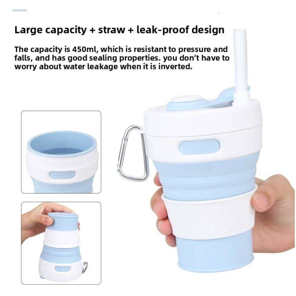 450ml/15oz Silicone Folding with Straw Lid and Carabiner Coffee Cup Suitable for Camping Picnic Travel Mountaineering Z260313