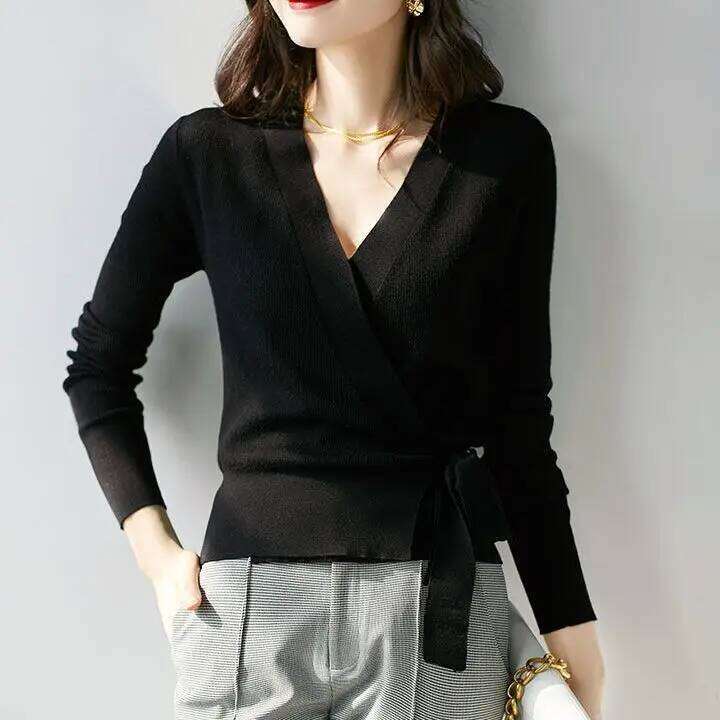 Long Sleeve Women Fashion Bow Tie Waist Short Lady V Neck Wrap Knitted Tops Sweaters Z260313