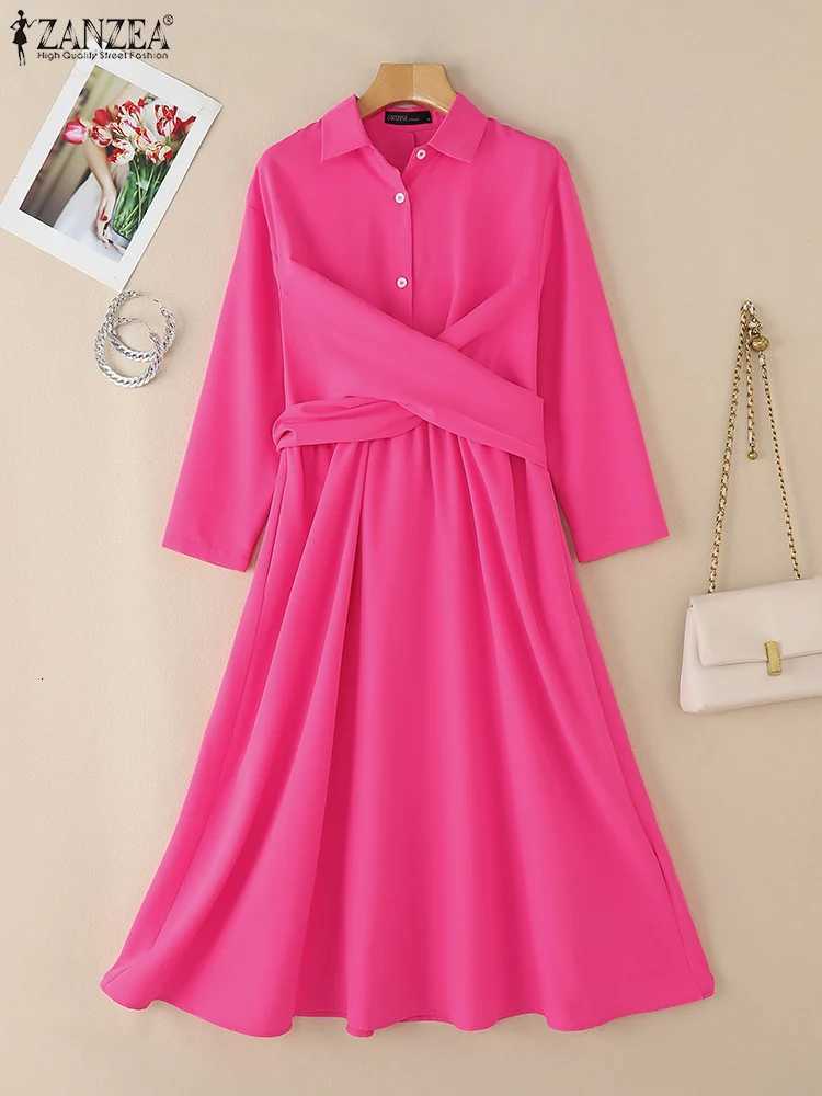ZANZEA Women Street Fashion Crossover Waist Midi Dresses Elegant Long Sleeve Collared Shirtdress Commuting Solid Color RobesT260314