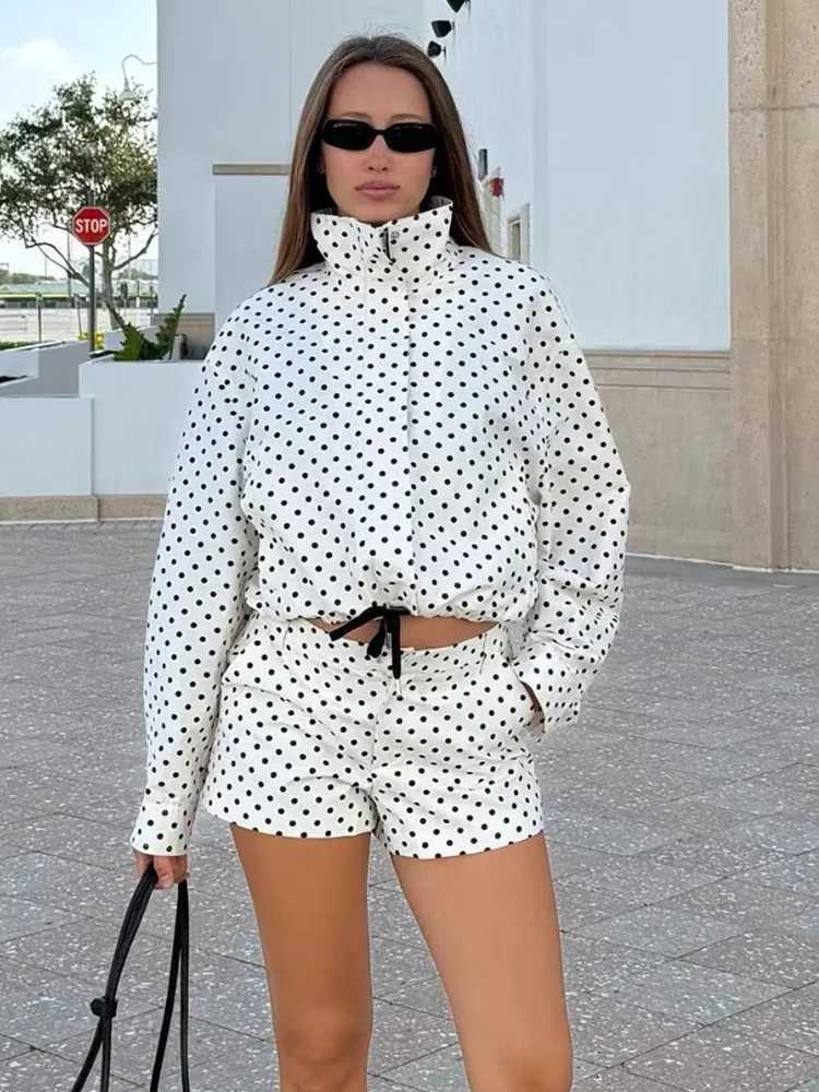 Fashion Polka Dot Shorts Sets For Women 2025 Autumn Drawstring Bomber Jacket High Waist Shorts 2 Pieces Set Woman Outfits M260313