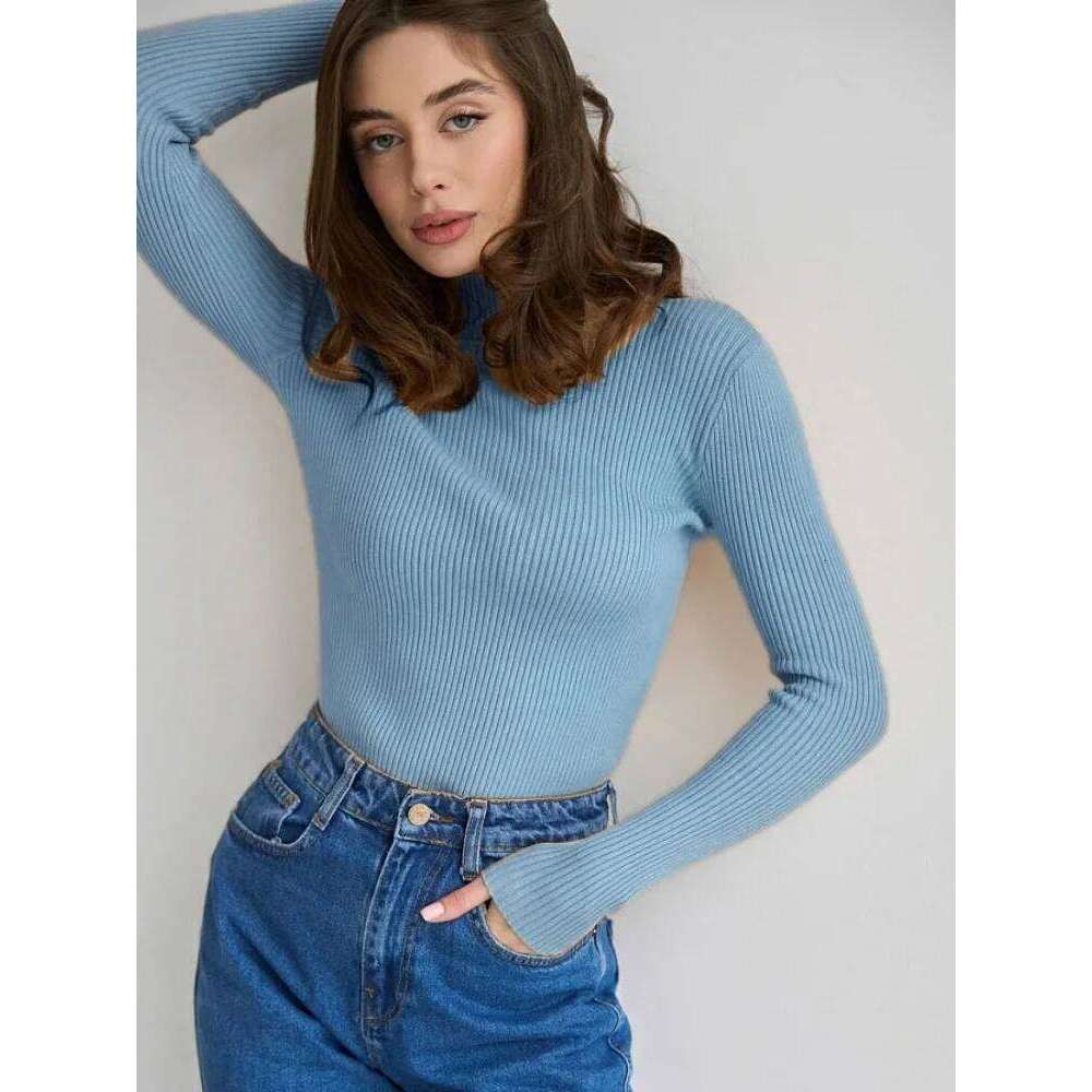 Casual Women Knitted Autumn Spring Solid Half Collar Long Sleeve Knitwear Pullovers Slim Inner Sweaters Z260313