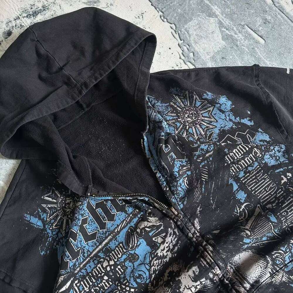Affliction Gothic Y2K New Retro Pattern Oversize Zipper Hoodie Hip Hop Street Casual Sweatshirt Personality Men clothing Z260314