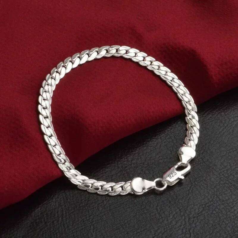 925 Sterling 6mm 18cm Flat Side Chain Lobster Clasp For Woman Man Wedding Engagement Jewelry Silver Bracelet Z260313