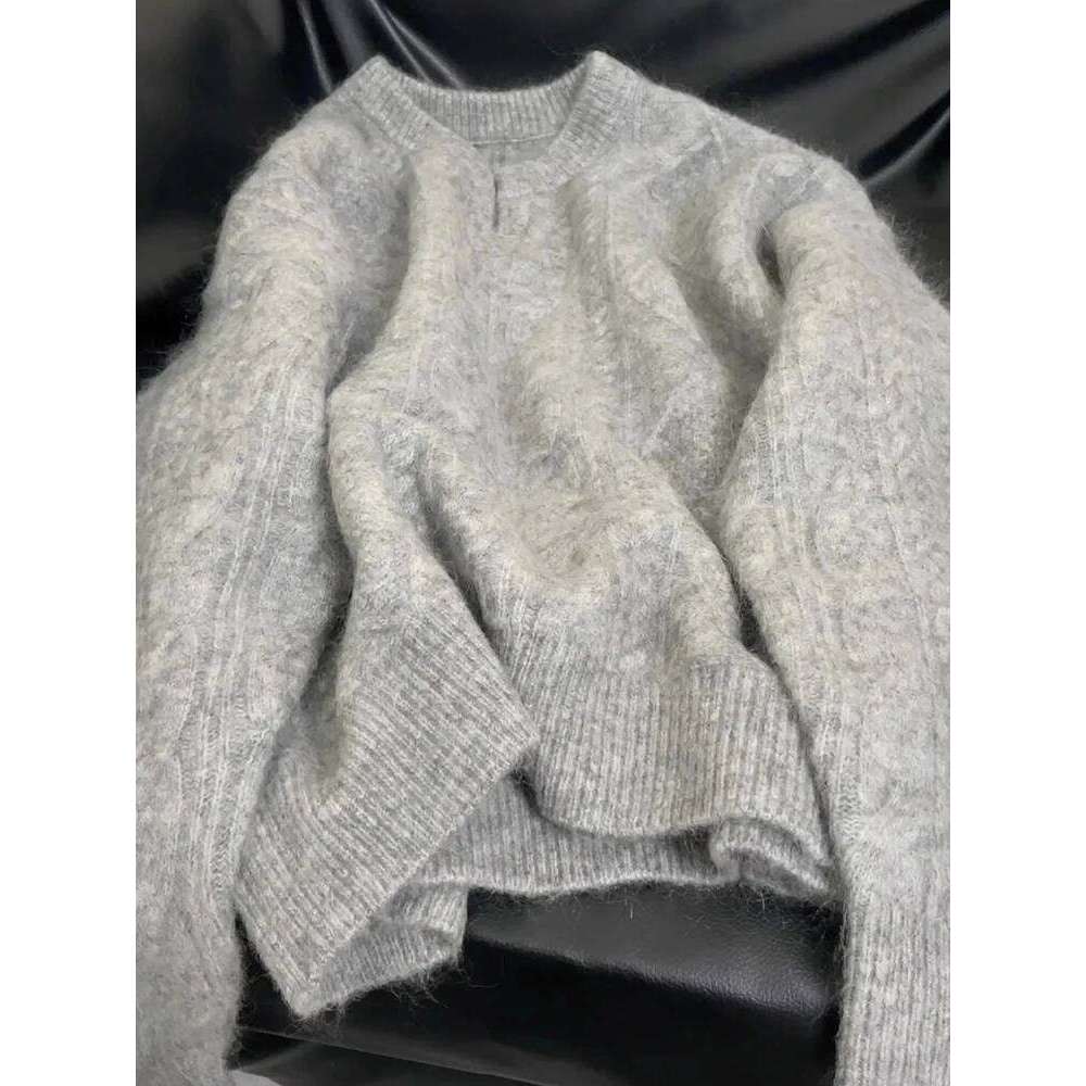 Grey V Neck Knitted Sweaters Women Autumn Korean Loose Lazy Style Casual Jumpers Y2K Fashion Winter Warm Simple Pullovers Mujer Z260313