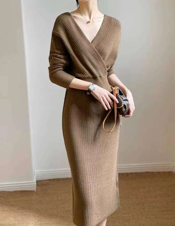New Autumn/Winter Fashion Long Sleeve V-neck Knitted Solid Color Slim Fit Dress For Women,5 Colors Z260314