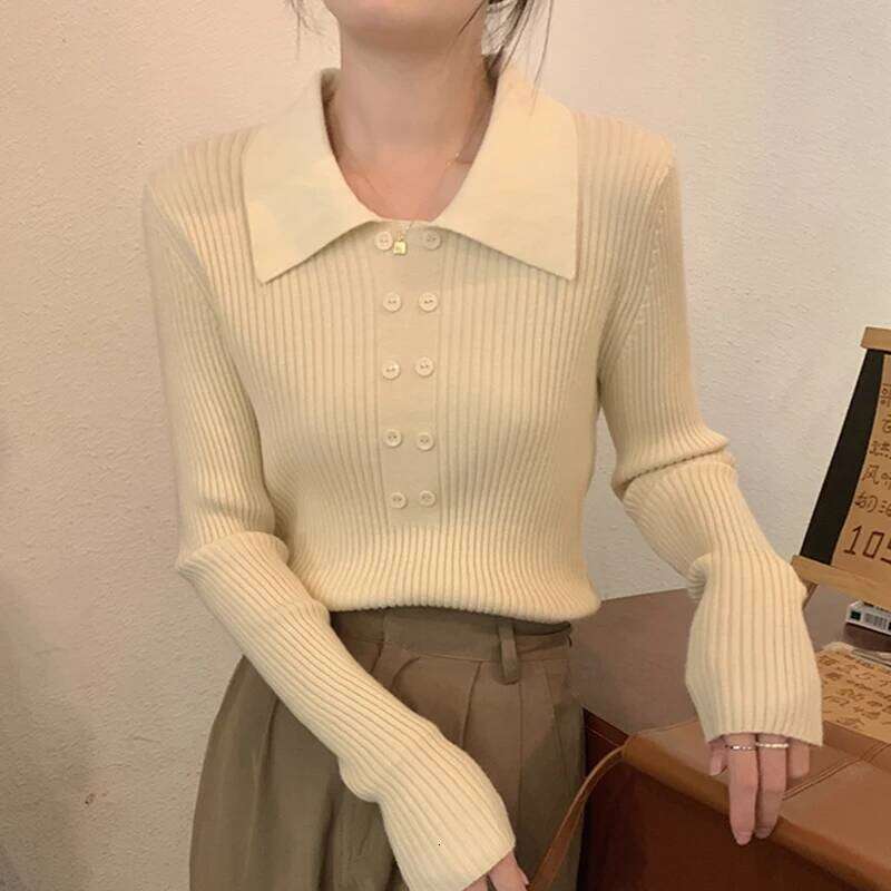 Turn-Down Collar Ribbed Pullover Sweater Women Autumn Winter Slim Long Sleeve Soft Warm Sweaters Ladies Knitted Tops Z260314