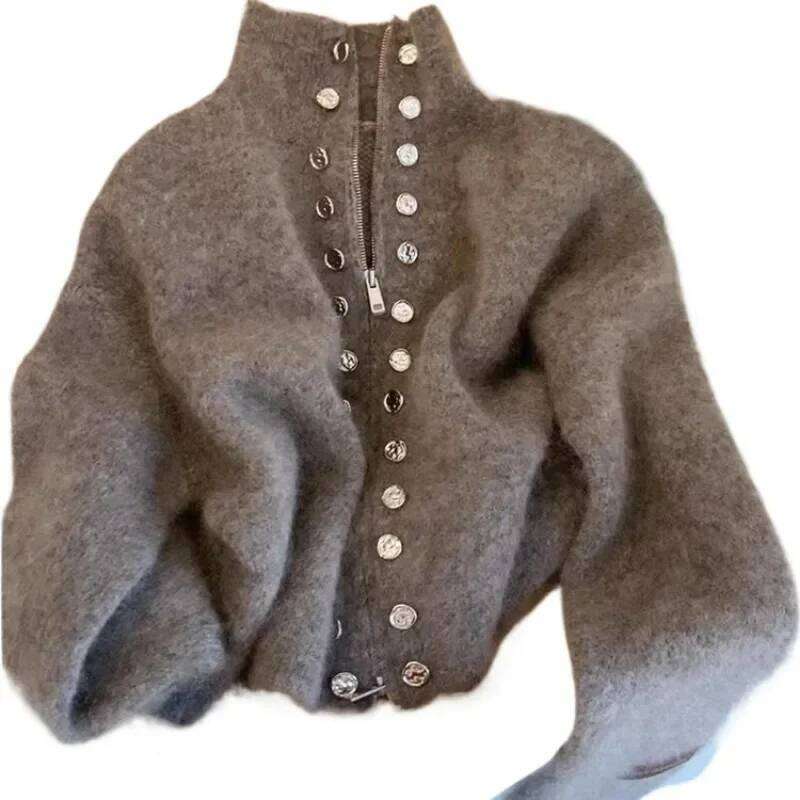 Women Fluffy Knitted Cardigans Design Double Breasted Sweater Coat Autumn Winter High-end Lazy Zipper Knit Top Z260313