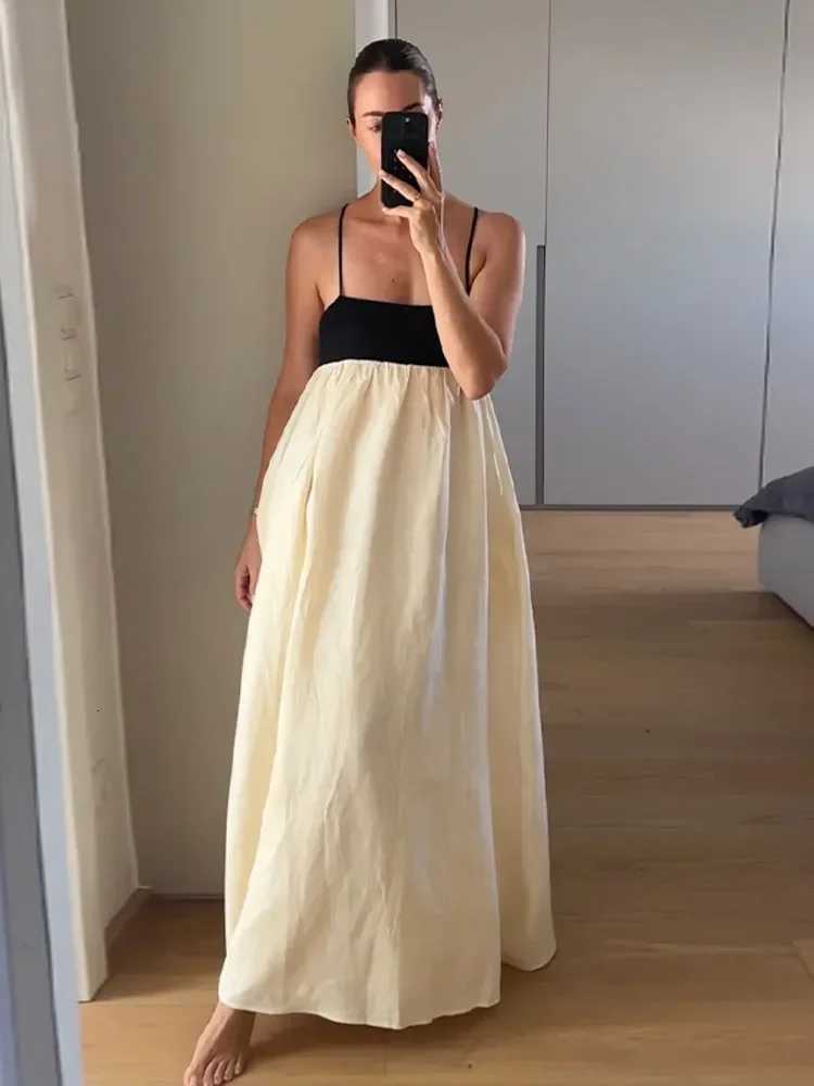 Contrast Splicing Loose Sling Long Dresses Women Square Collar Sleeveless Backless High Waist Dress 2024 Summer Lady Street RobeT260314