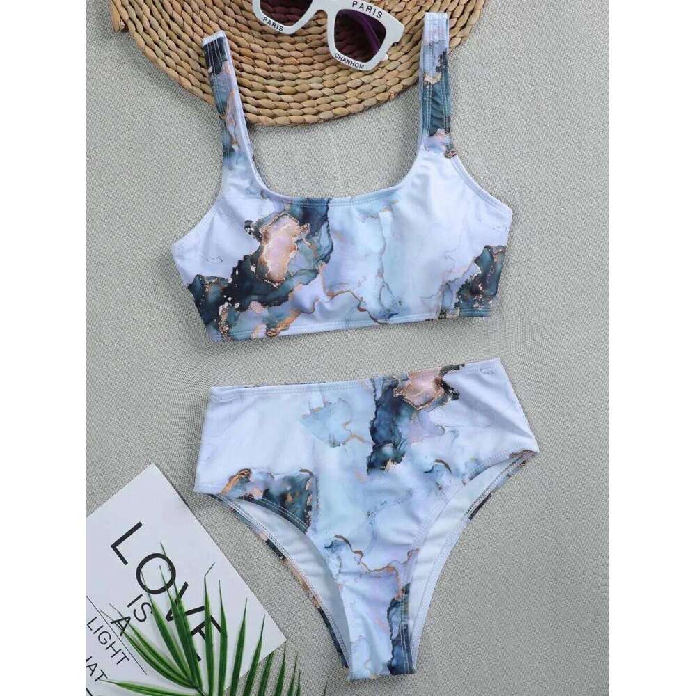 2025 New Print Sport Bandeau Push up Bikinis Sexy Marble Swimsuit High Waist Swimwear Women bathing suit Beach wear Y260303