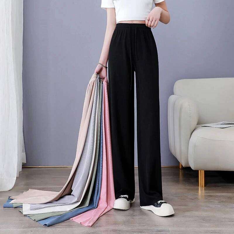 New Women Ankle-Length Wide Leg Casual Solid Elastic Waist Loose Ice Silk Pants Spring Summer Female Trousers 26Y0313