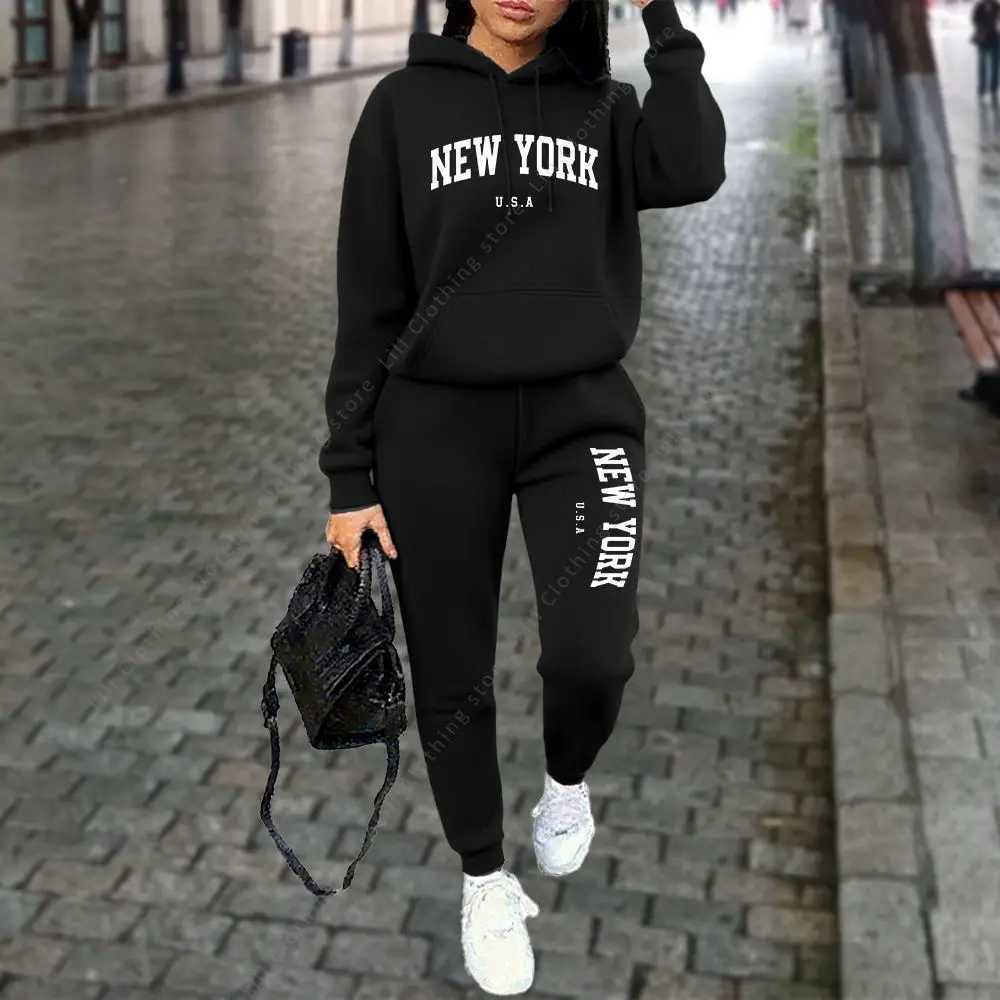 NEW YORK Womens TraCKsuit Autumn Winter Hoodies Trousers 2PCS Suit Sports Jogging Street CloTHes Women Pants Sets M260313