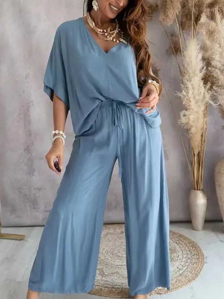2024 Summer Two Piece Set For Women Long Pant Sets V Neck Bat Sleeve Casual Loose Wide-leg Pants 2 Piece Set Solid Color Outfits M260313