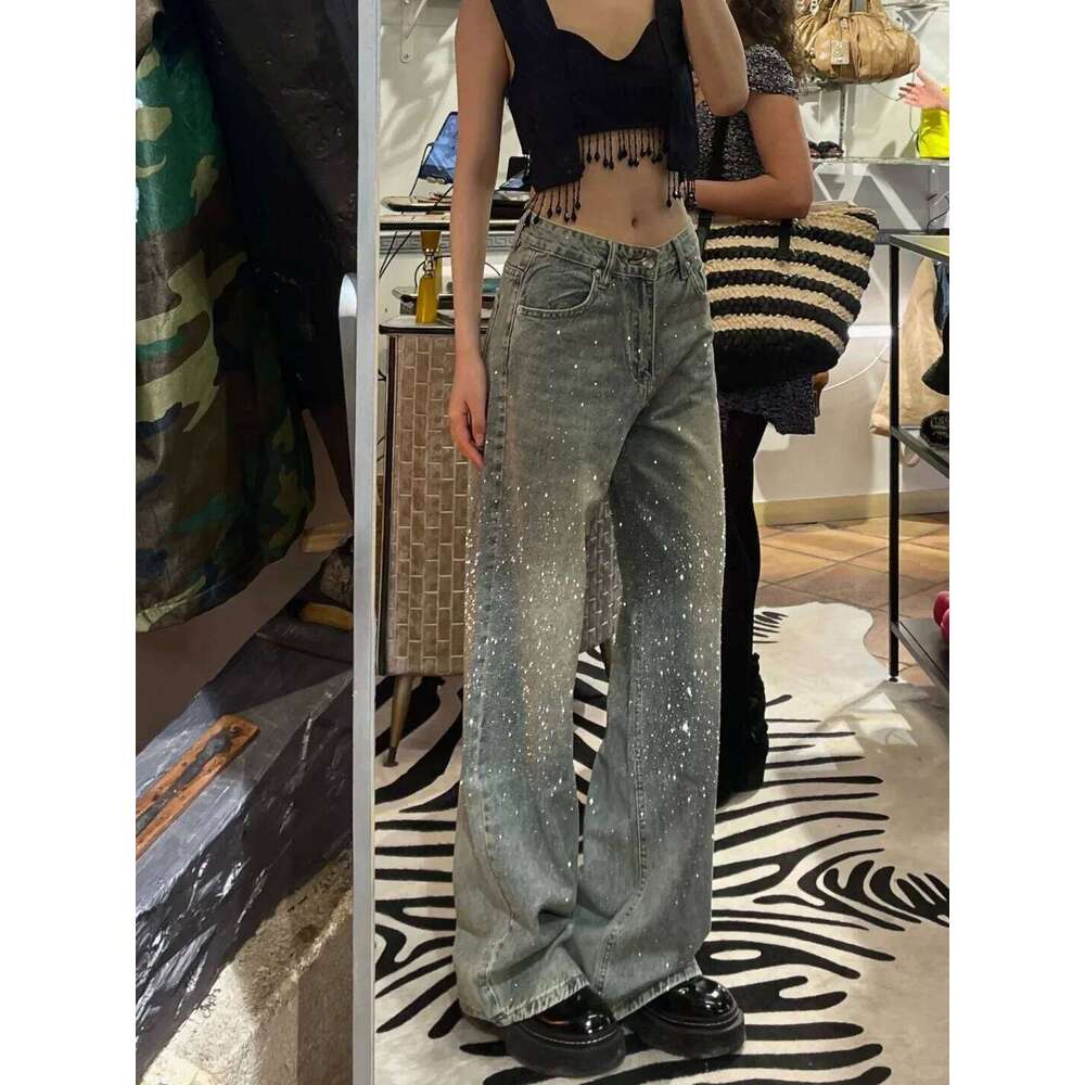 Women's Y2k Baggy Harajuku Vintage Rhinestone Denim Trousers Japanese 2000s Style Oversize Wide Jeans Long Pants Clothes Z260313