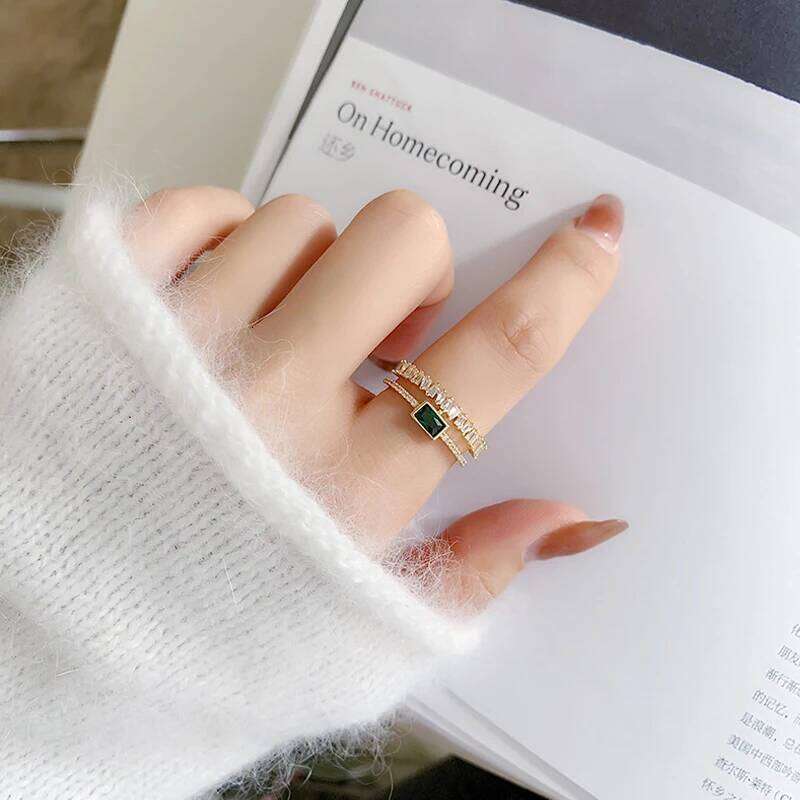LATS Luxury Green Zircon Gold Color Double Open Rings for Woman 2022 New Fashion Goth Finger Jewelry Wedding Party Sexy Ring H260312