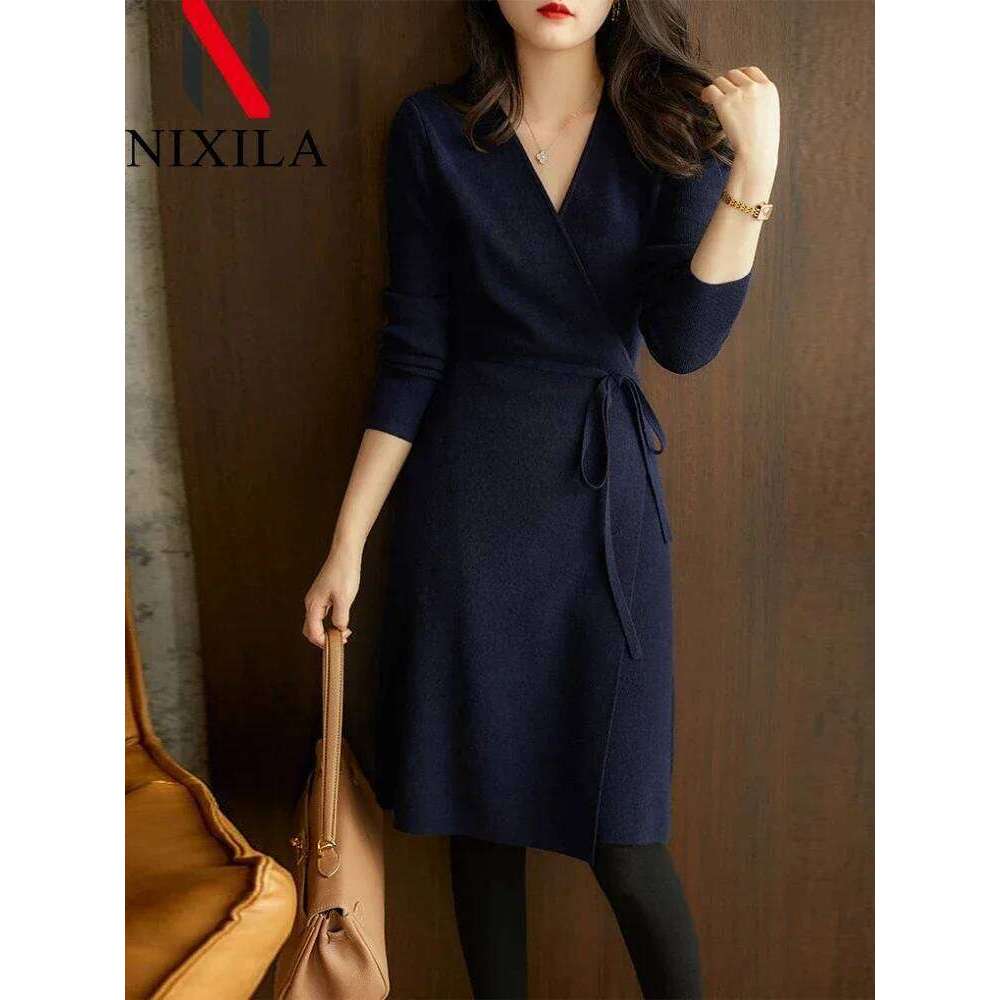 Autumn Winter Knit Womens Sweater Dresses V-neck Wrap Streetwear Korean Fashion Loose Long Sleeves Tops Elegant Female Clothing Z260313