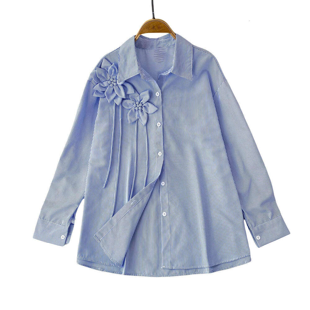 2026 Spring a16 and Summer Korean Style Designer 3D Flower Collar Women's Long Sleeve Shirt Summer Striped Loose Top