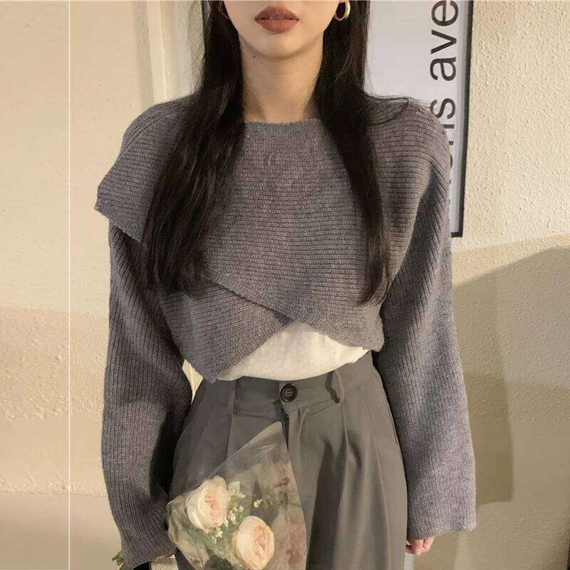 Knitted Cropped Y2K Tops Women Autumn Long Sleeve Pullovers Winter Cross Irregular Streetwear Sweater Pull 22933 Z260314