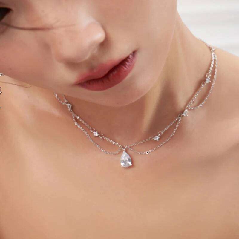 Sterling Silver Double-Deck Water Droplet Shape Women Choker AAA Zircon Chain Necklace Fine Jewelry Wedding Party Gift H260312