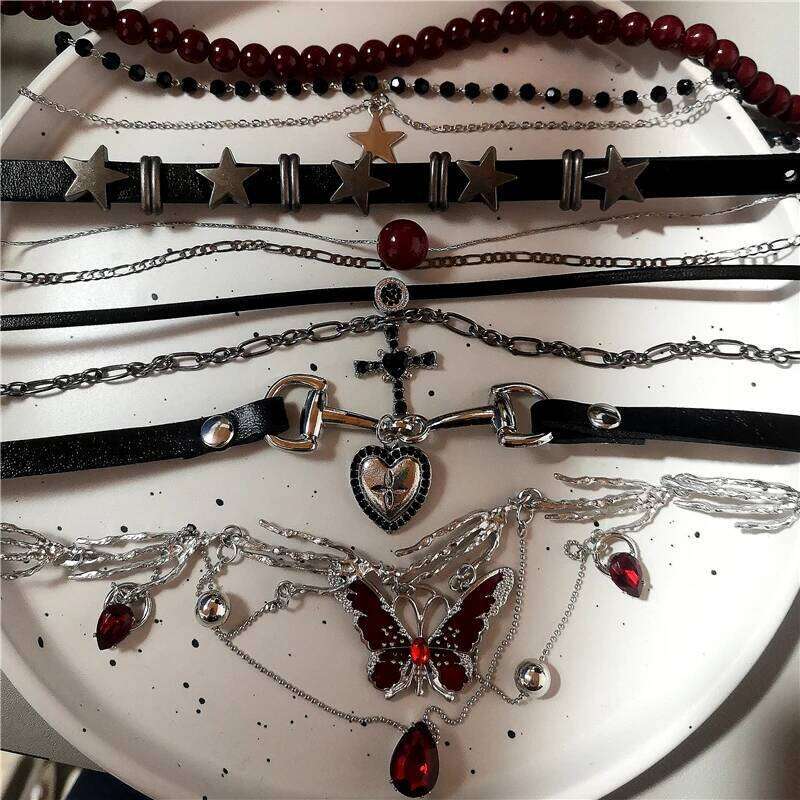 Gothic Y2K Red Butterfly Star Heart Cross Pendant Ghost Claw Choker Charms Necklaces Women Aesthetic Accessories Grunge Jewelry H260312