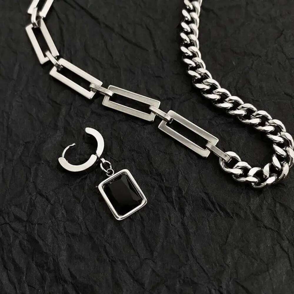 Trendy Hip Hot Black Square Pendant Asymmetric Stainless Steel Cuba Chain Necklace for Men Jewelry H260312