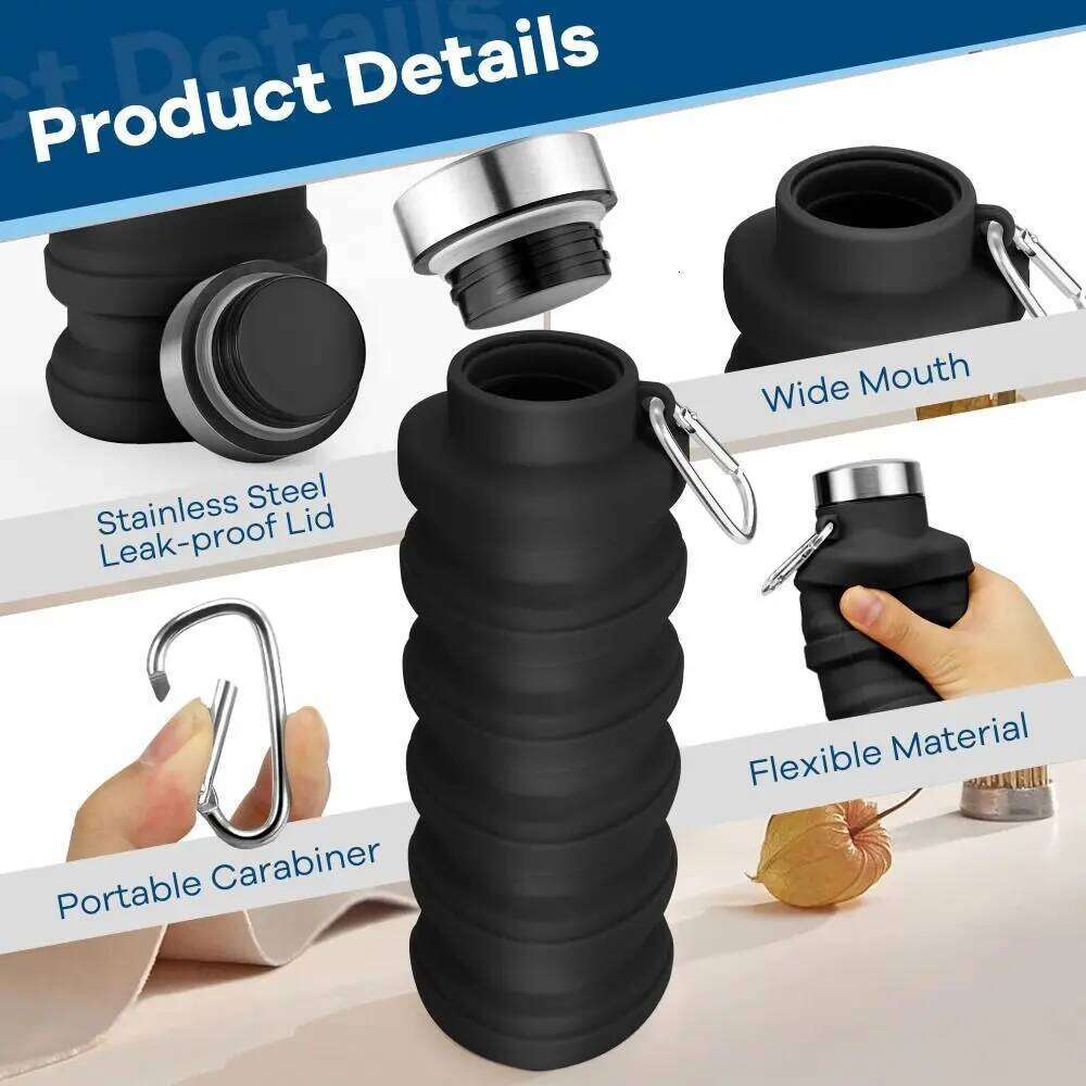 17oz Collapsible Leakproof BPA Free Foldable Eco-Friendly Silicone Water Bottle Indoor Sport Z260313
