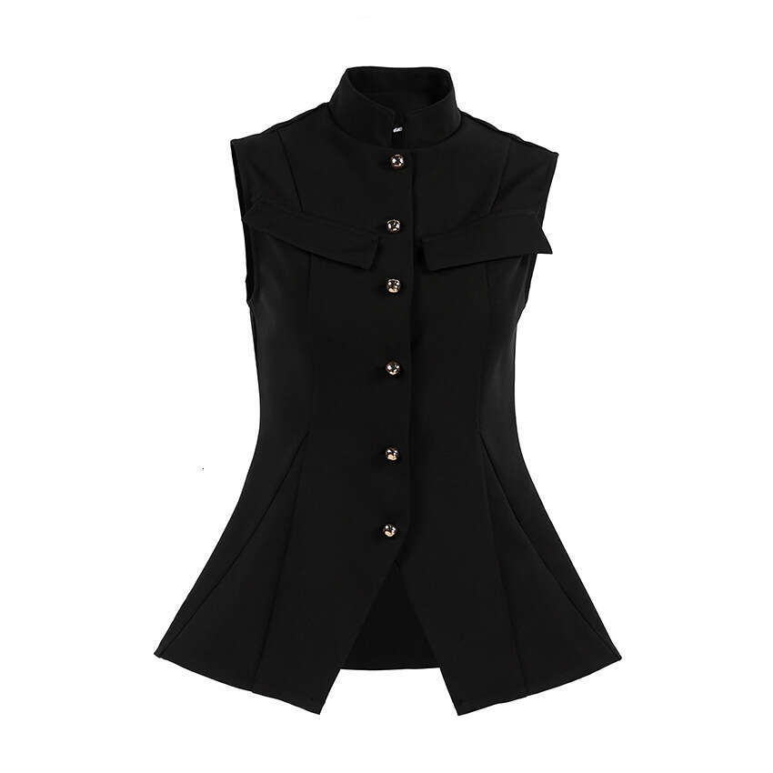 Spring Summer European And American Women S Fashion Design Small Stand Up Collar Buttoned Sleeveless Waist Cinching Hem Slit Elegant Top Vest MAKOUFEI