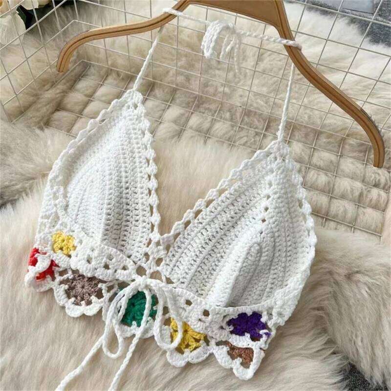 Women 2 Piece Outfit Set Boho Hollow-Out Crochet Knit Halter Bras Top and Asymmetrical Tassel Mini Skirt Beach Cover Up Y260303
