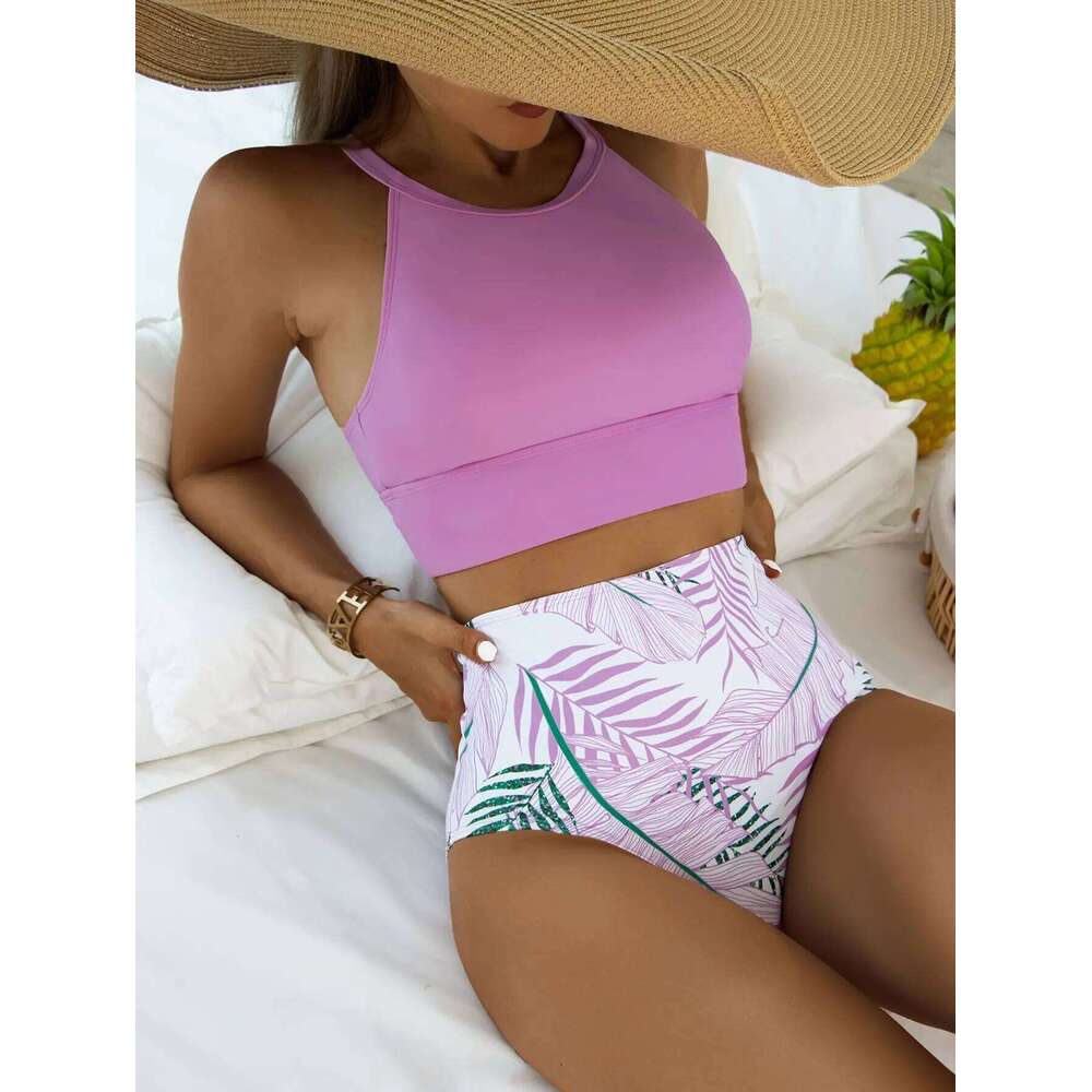 2025 Waist Bikinis Women High Neck Swimsuit Solid Printed Swimwear Female Padded Beachwear Leaves Bathing Swimming Suit Y260303