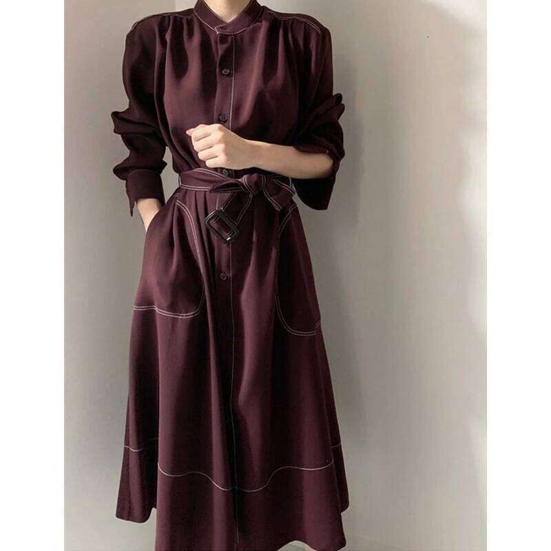 REALEFT Spring Autumn Single Breasted Women's Shirt Dresses Sashes 2024 New Stand Collar Korean Casual Straight Dress Female Z260313
