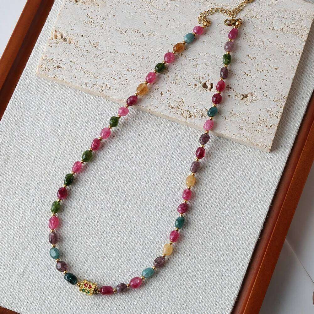 Bohemian Jewelry Natural tourmaline handmade beads Necklace Stainless Steel Tibet Adorned Pendant for Party Gift H260312