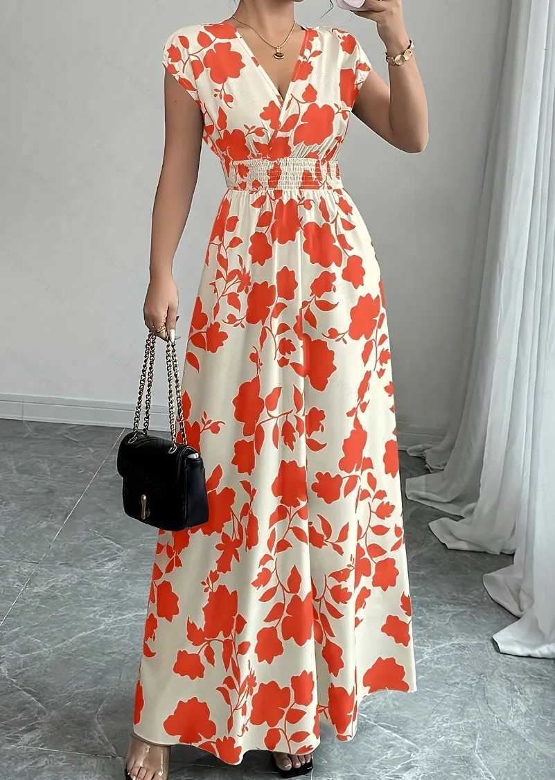 Summer Womens V-neck Dress Short-sleeved High-waisted Plant Print Simple Fashion Holiday Casual Long Dress for FemaleT260314