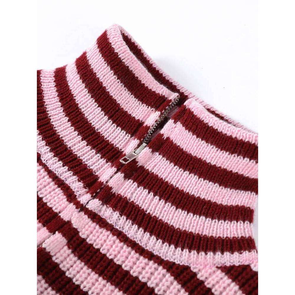 Loose Striped Women's Knit Cardigan Double Zipper Long Sleeve Stand Collar Female Sweater 2025 Autumn Winter Lady Lazy Knitwear Z260313