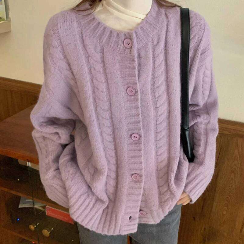 Autumn Winter Vintage Tops 2026 Knitted Cardigan Women Ladies O-Neck Purple Sweaters Lazy Style Loose Long Sleeves Coat Z260314