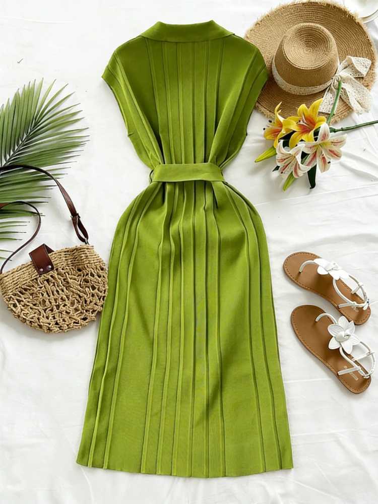 Avocado Green Sleeveless Turn-down Collar Maxi Dress Womens Belt Stretchy Ribbed Knit Asymmetrical Hem Summer Office Long DressT260314