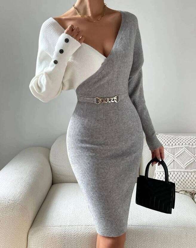 Women's Colorblock Button Decor Long Sleeve Knit Sexy Tight Fitting Hip Hugging Temperament Commuting Casual Dress Z260314