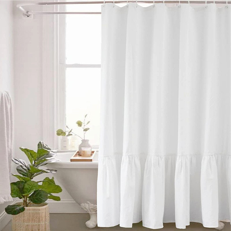 YL-38339 Toilet Partition Curtain with Lace Trim, Plain Color Patchwork Skirt Hem, Cotton Linen Waterproof Ruffle Edge Linen