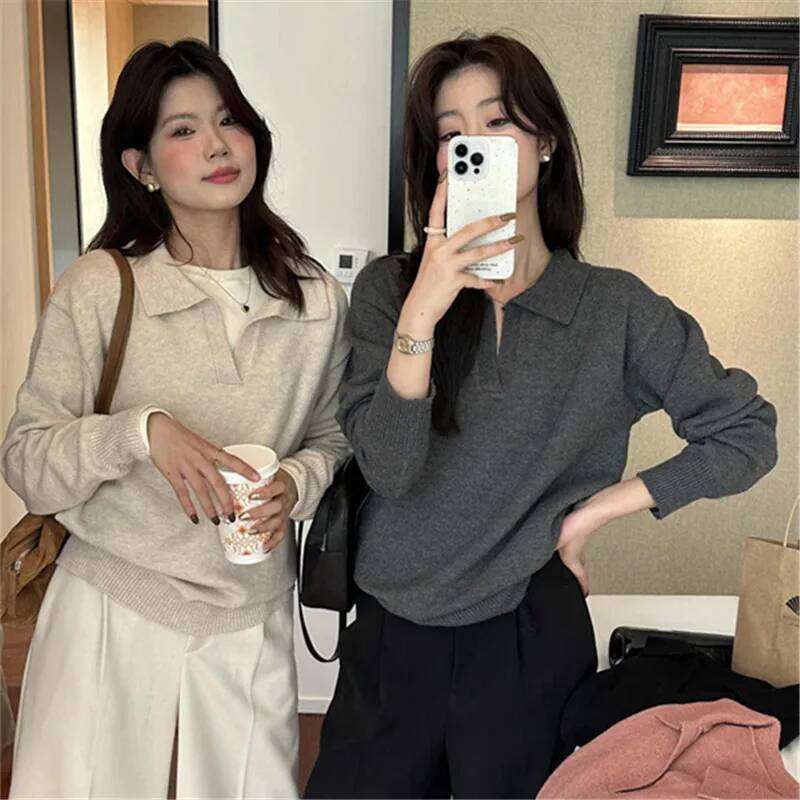 Knitwears Fashion Long Sleeve Knitted Pullovers Sweaters Turn Down Collar Knit Sweater Pullover Women Tops Q926 Z260314