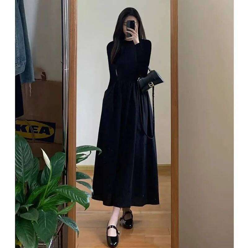 Lucyever French Style Black A-Line Dresses Women Elegant High Waist Long Sleeve Midi Autumn Winter Slim Fit Maxi Dress Z260313