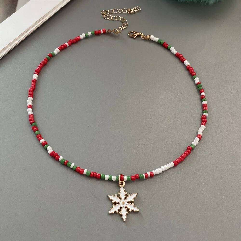 Christmas Necklaces for Women Girls Handmade Rice Beads X'mas Tree Santa Claus Snowman Gift Necklace Pendant New Year Jewelry H260312