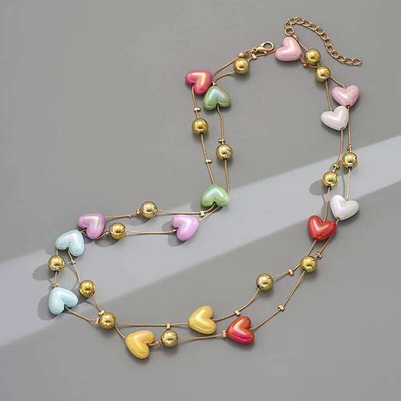 Bohemian Long Multilayer Heart Necklace for Women Colorful Candy Like Hearts with Golden Accents H260312