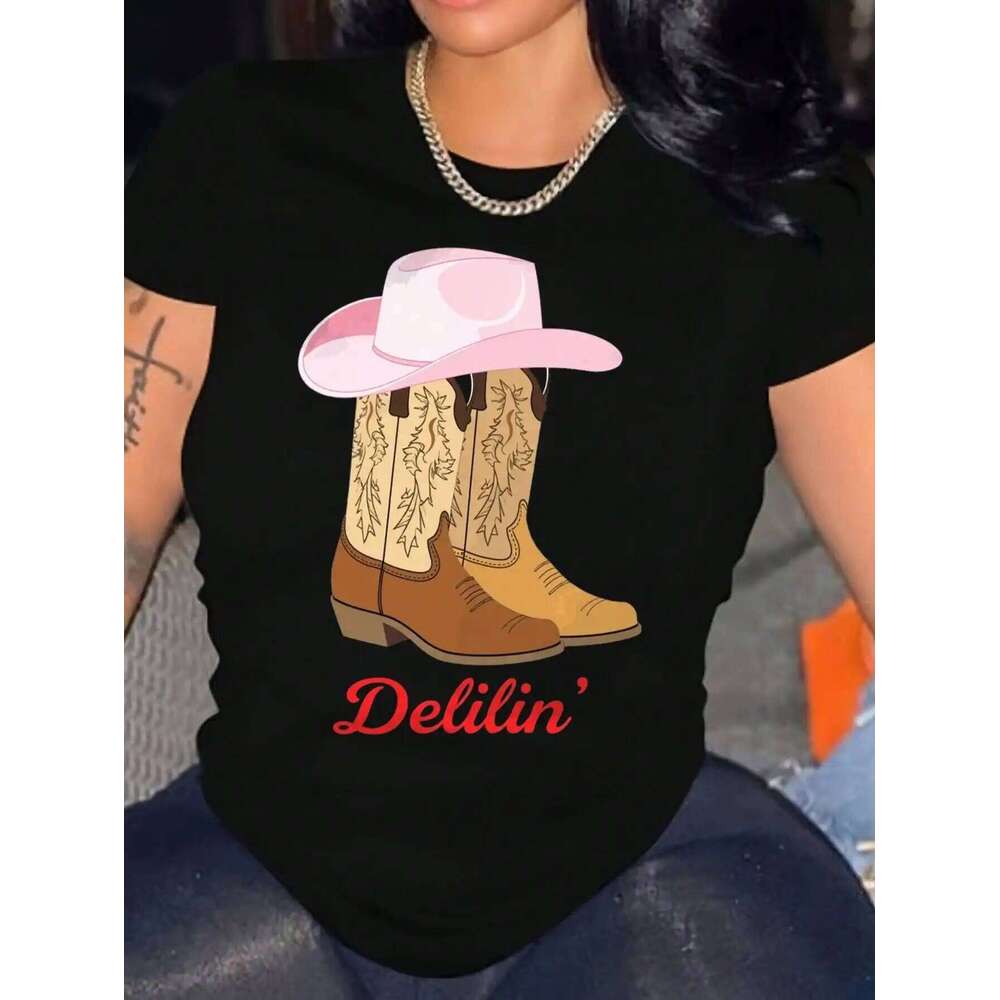 Women's Western T-Shirt, Black Casual Tee With Cowboy Hat And Boots Graphic, Gift For Mother's Day, Vintage Country Chic Z260314