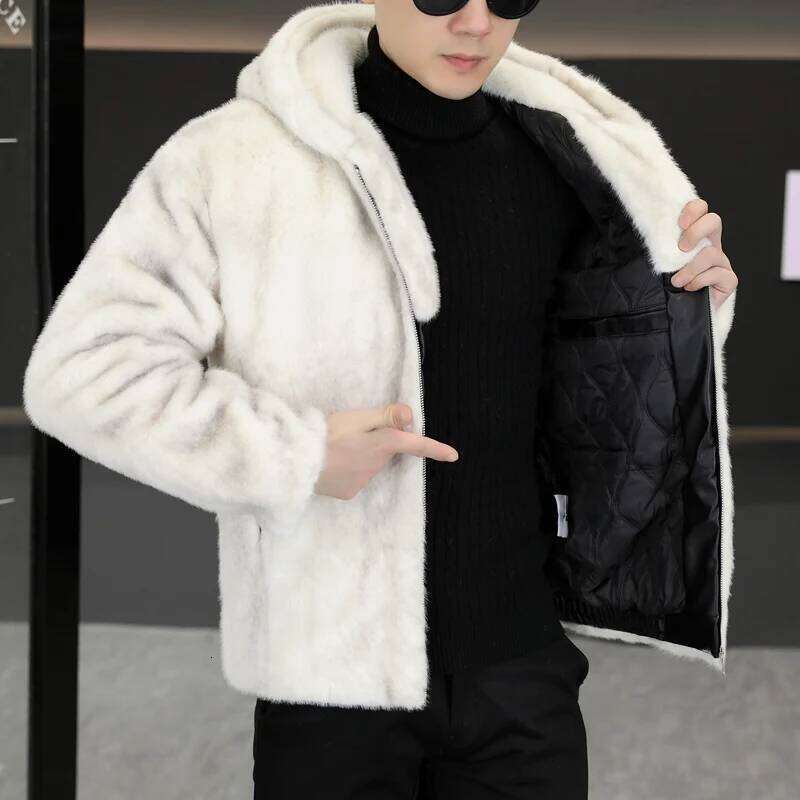 2025 Winter Mink Leather Jacket for Men Thick and Warm Hooded Faux Fur Coat Casual Social Streetwear Windproof Jackets Z260313