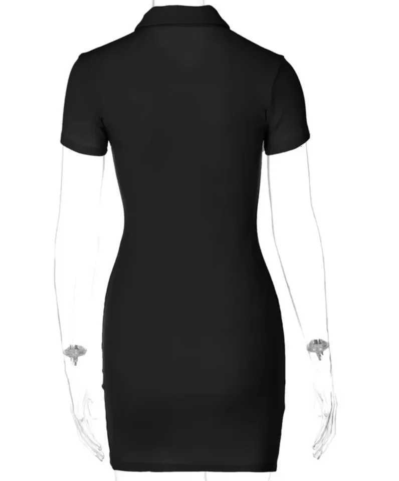 Womens EU US Black Short Sleeve Polo V-Neck Bodycon Knit Side Slit Mini Dress Daily Dating Party Spring Summer Casual WearT260314