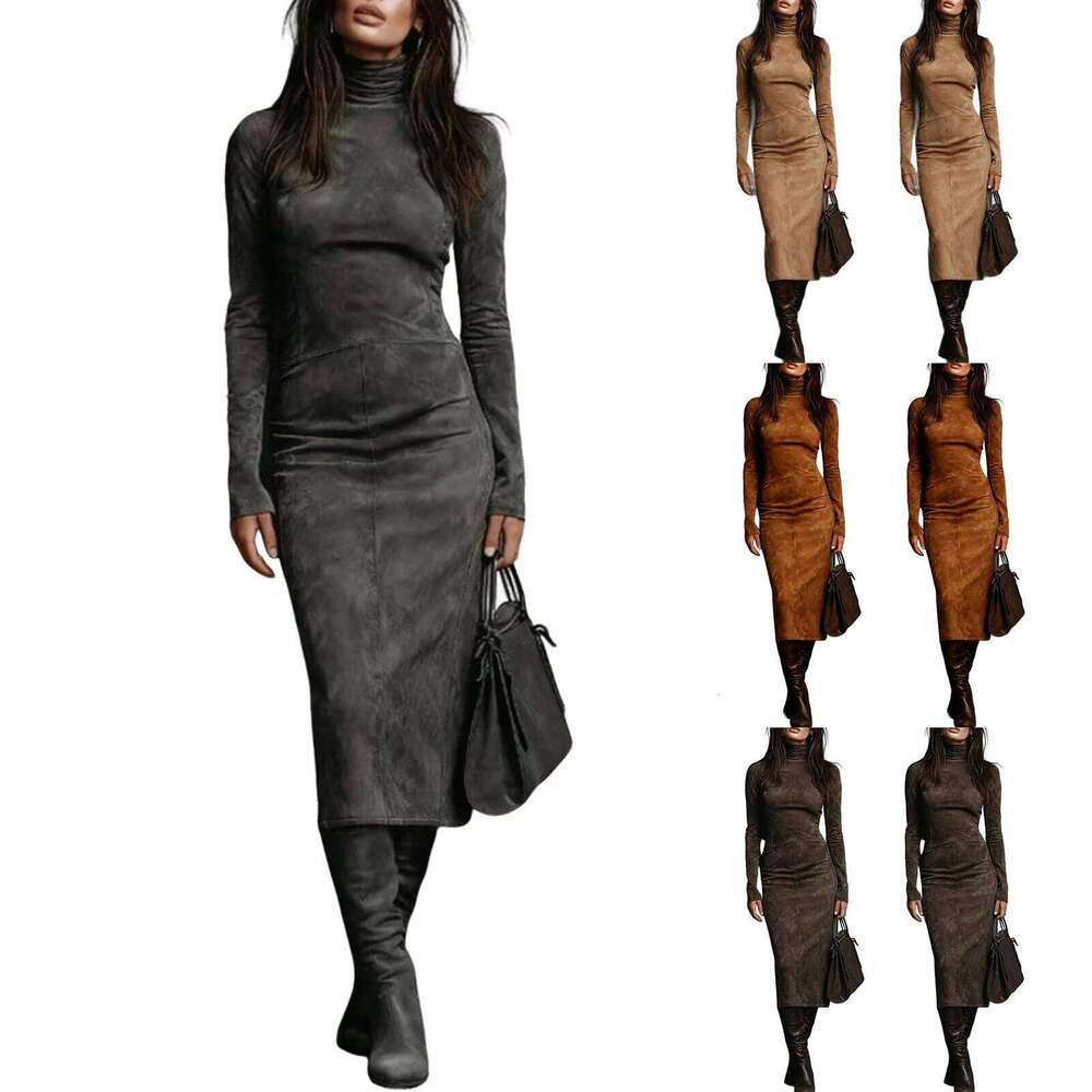 Women's Pleated Velvet Super Sleeve High Neck Tight Long Fashion Solid Color Dress Z260314