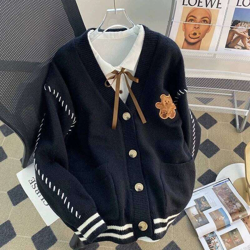 College Cute Cartoon Embroidery Cardigans Women Korean Stringing Fashion Sweater Jacket Japanese Style Kawaii Knitted Tops Z260313