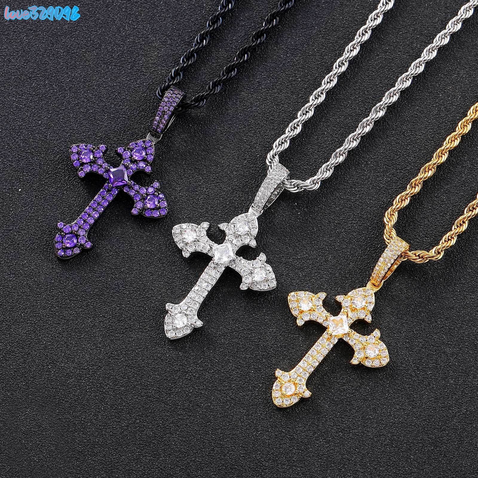 BES Micro-pave Moissanite VVSia S925 Vintage Cross Pendant Necklace Purple Tourmaline Moissanite VVS Pendant Hip Hop